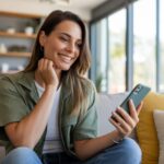 Mulher brasileira sorridente sentada em uma sala de estar moderna, segurando um smartphone e olhando para ele de forma amigável.