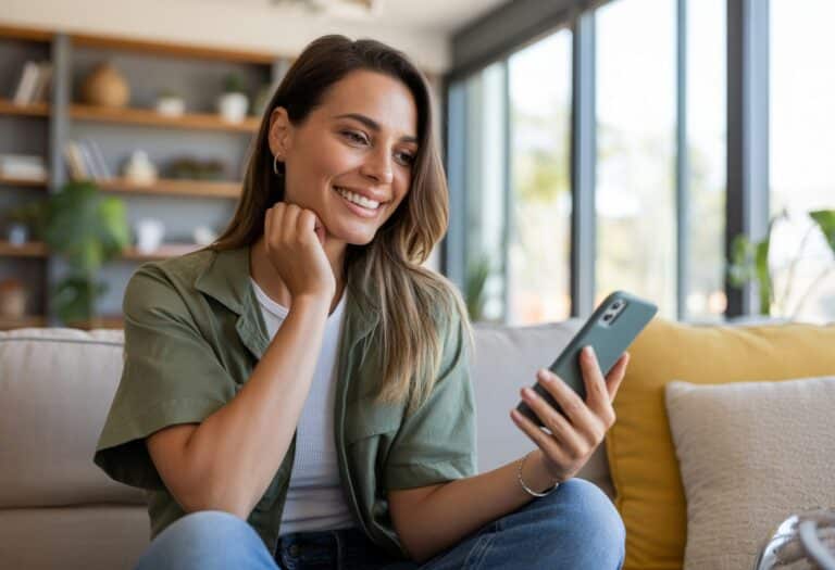 Mulher brasileira sorridente sentada em uma sala de estar moderna, segurando um smartphone e olhando para ele de forma amigável.