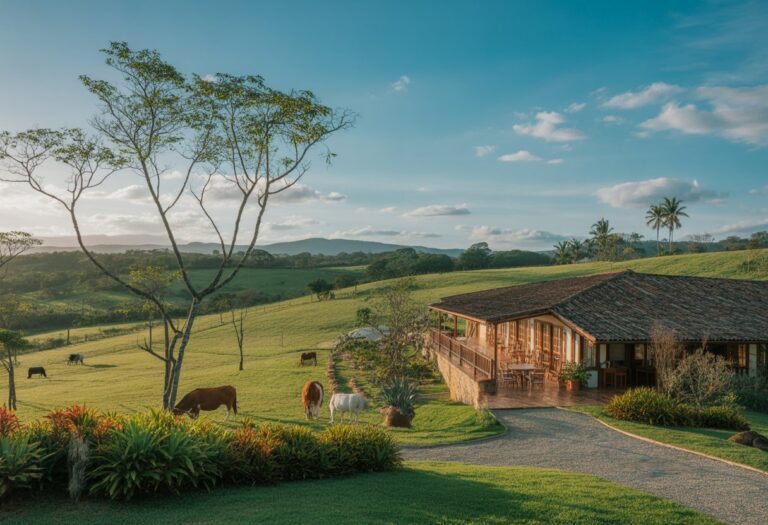 Hotel fazenda rodeado por pastagens verdes, flores coloridas e animais pastando, com colinas e céu azul ao fundo.