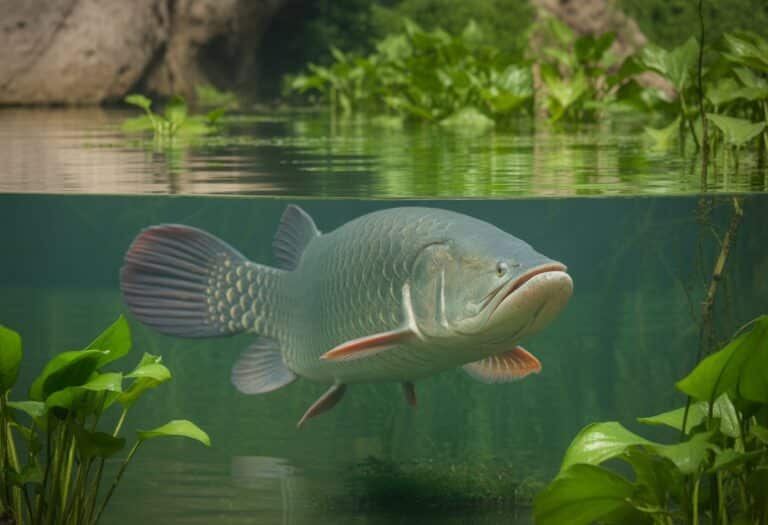 Um peixe pirarucu grande nadando em água doce clara com plantas aquáticas ao redor.