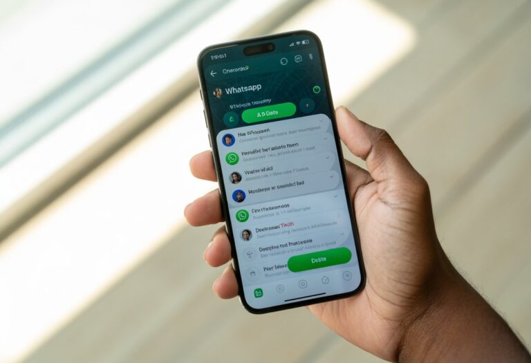 Pessoa segurando um smartphone com o aplicativo WhatsApp aberto na tela mostrando a interface de mensagens.