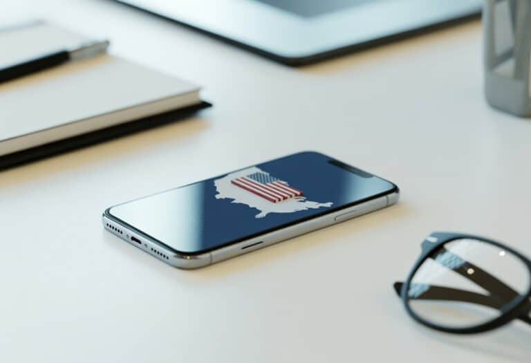 Um smartphone moderno sobre uma mesa branca com um mapa dos Estados Unidos na tela, acompanhado de itens de escritório ao redor.