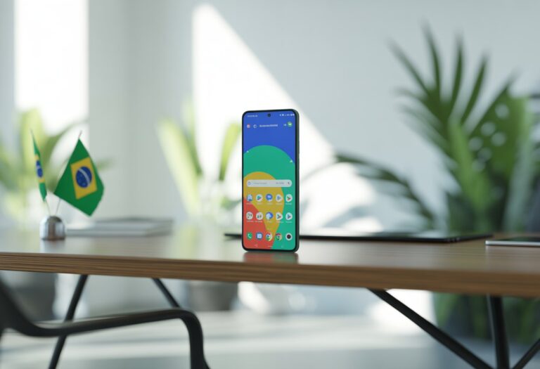 Um smartphone moderno brasileiro sobre uma mesa de madeira em um escritório iluminado, com uma pequena bandeira do Brasil e plantas ao fundo.