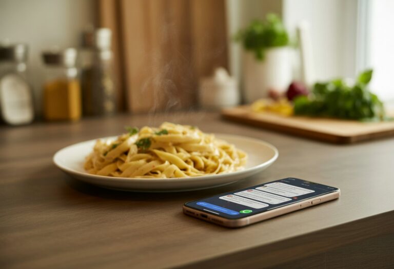 Prato de massa fresca em uma mesa de madeira com um smartphone ao lado mostrando uma tela de conversa do WhatsApp, em uma cozinha iluminada pela luz natural.