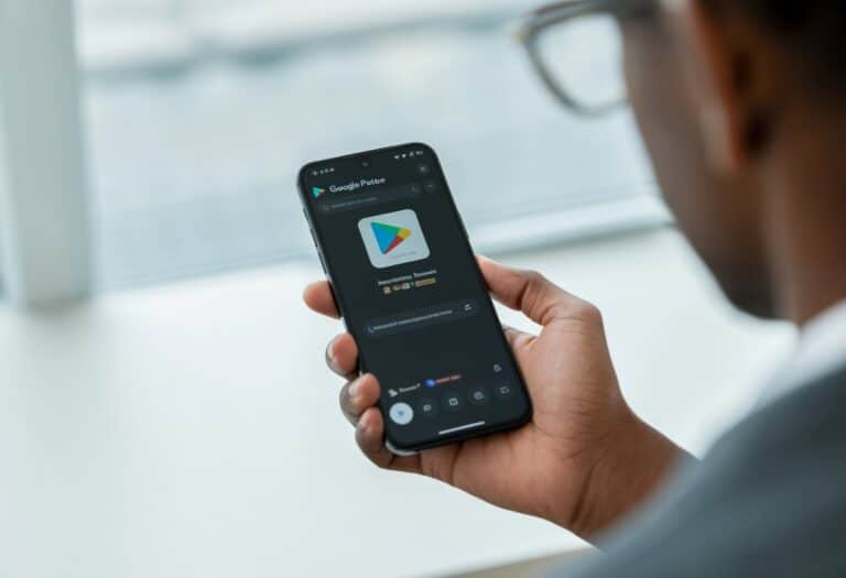 Pessoa segurando um smartphone com a tela mostrando um ícone de jogo clássico na Play Store.