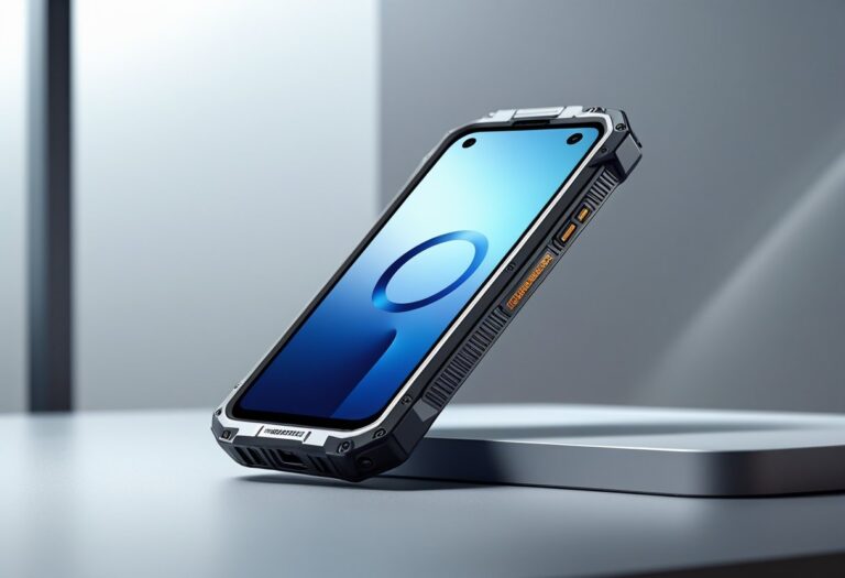 Smartphone resistente colocado sobre uma superfície moderna, destacando seu design robusto e proteção reforçada.