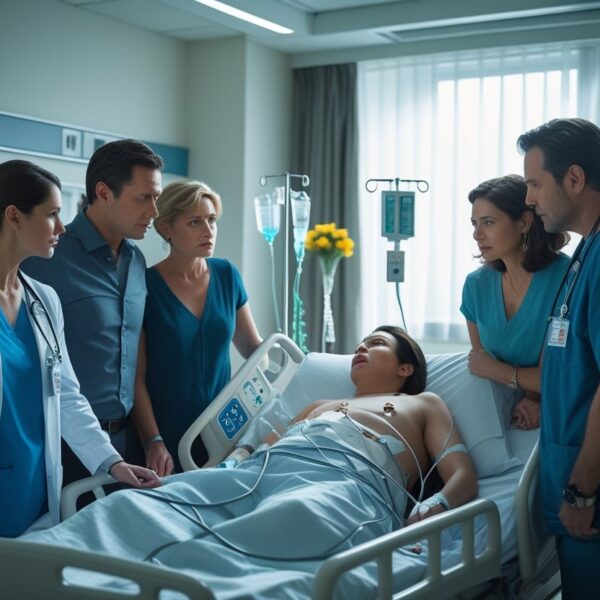 Cena em um quarto de hospital com um paciente na cama, cercado por familiares preocupados e um médico atento.