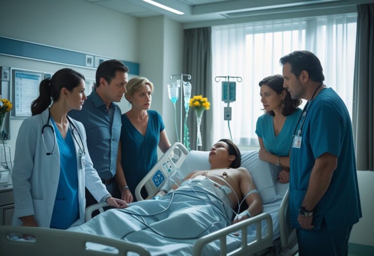 Cena em um quarto de hospital com um paciente na cama, cercado por familiares preocupados e um médico atento.