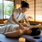 Uma pessoa recebendo uma massagem nas costas em um ambiente tranquilo com decoração japonesa tradicional.