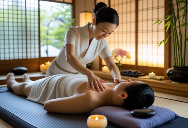 Uma pessoa recebendo uma massagem nas costas em um ambiente tranquilo com decoração japonesa tradicional.