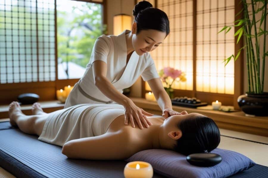 Uma pessoa recebendo uma massagem nas costas em um ambiente tranquilo com decoração japonesa tradicional.