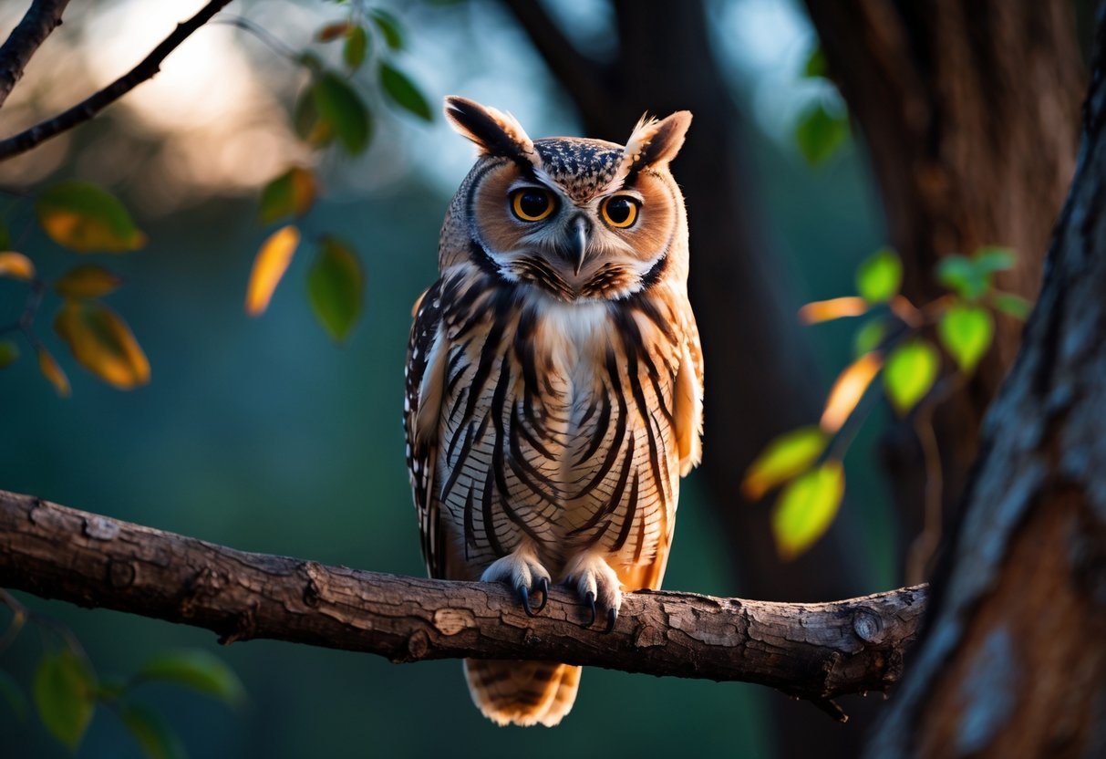 Uma pequena coruja empoleirada em um galho ao entardecer em meio a uma floresta.