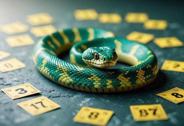 Uma cobra realista enrolada sobre uma superfície texturizada, com bilhetes de loteria desfocados ao fundo, representando o milhar da cobra no jogo do bicho.