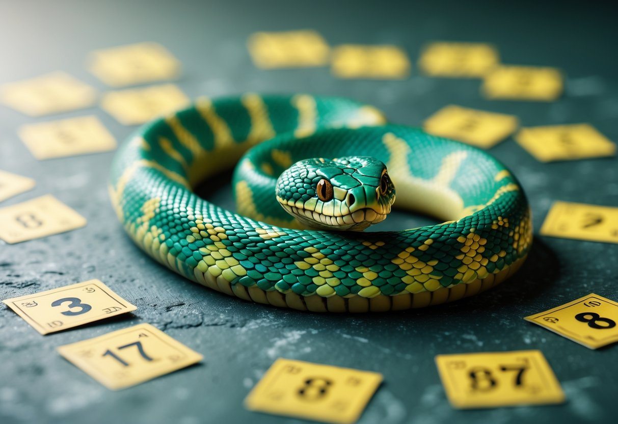 Uma cobra realista enrolada sobre uma superfície texturizada, com bilhetes de loteria desfocados ao fundo, representando o milhar da cobra no jogo do bicho.