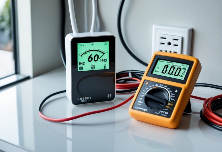 Equipamentos elétricos medindo frequência e potência em uma superfície branca.