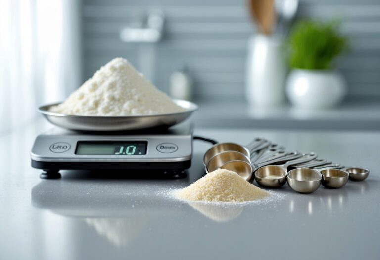 Balança de cozinha digital com colheres medidoras e um ingrediente granular sendo medido na colher.