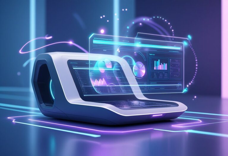 Um dispositivo futurista de escaneamento emitindo uma exibição holográfica com dados digitais em um ambiente tecnológico.