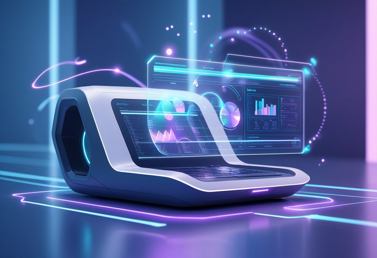 Um dispositivo futurista de escaneamento emitindo uma exibição holográfica com dados digitais em um ambiente tecnológico.