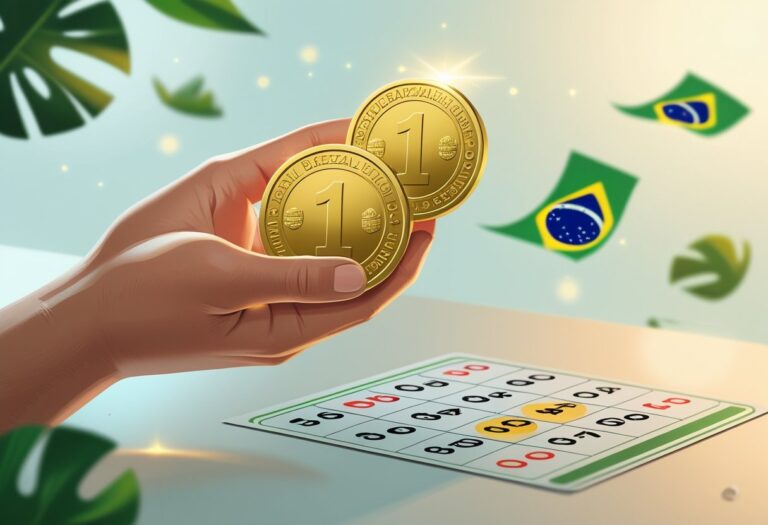 Pessoa segurando duas moedas de 1 real próximas a um bilhete de loteria com um grupo de dez números destacados.