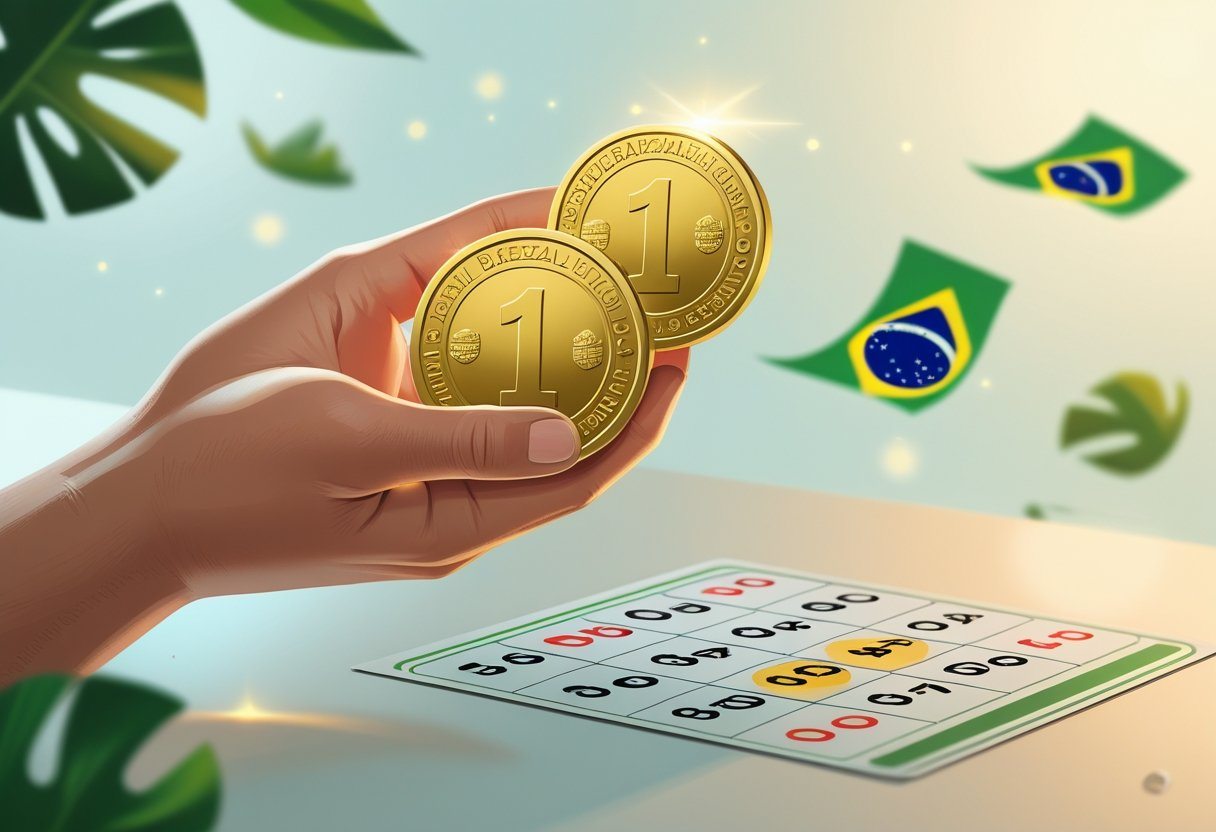 Pessoa segurando duas moedas de 1 real próximas a um bilhete de loteria com um grupo de dez números destacados.