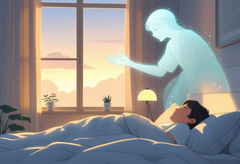 Pessoa acordando na cama enquanto uma figura translúcida parece chamá-la em um ambiente tranquilo.