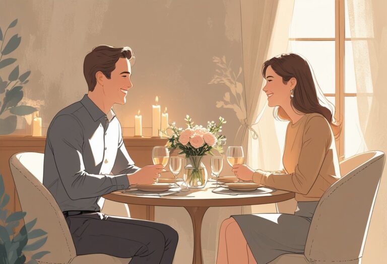 Casal sentado à mesa em um ambiente acolhedor, sorrindo e conversando durante um encontro.