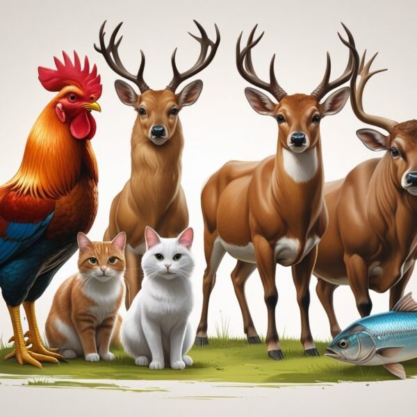 Sete animais representando os mais comuns no jogo do bicho: galo, cachorro, veado, gato, boi, coelho e peixe, todos juntos em uma cena clara e organizada.
