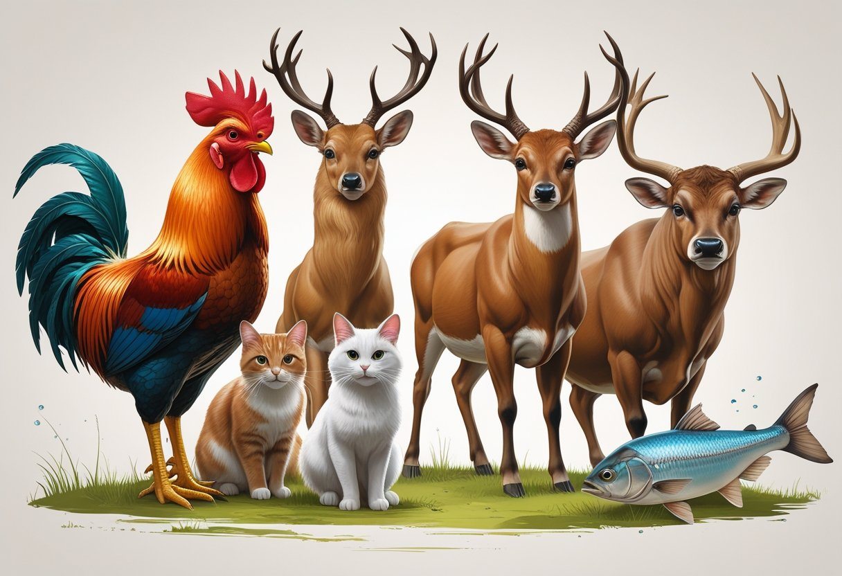 Sete animais representando os mais comuns no jogo do bicho: galo, cachorro, veado, gato, boi, coelho e peixe, todos juntos em uma cena clara e organizada.