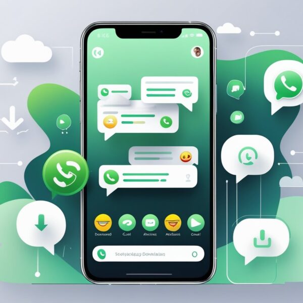 Um smartphone moderno mostrando uma interface de aplicativo de mensagens com balões de conversa e ícones, cercado por elementos digitais abstratos que representam download e conectividade.