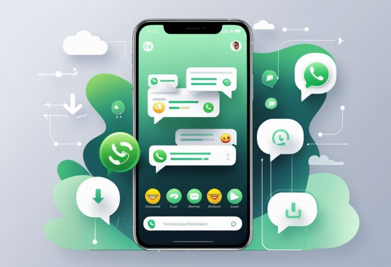 Um smartphone moderno mostrando uma interface de aplicativo de mensagens com balões de conversa e ícones, cercado por elementos digitais abstratos que representam download e conectividade.