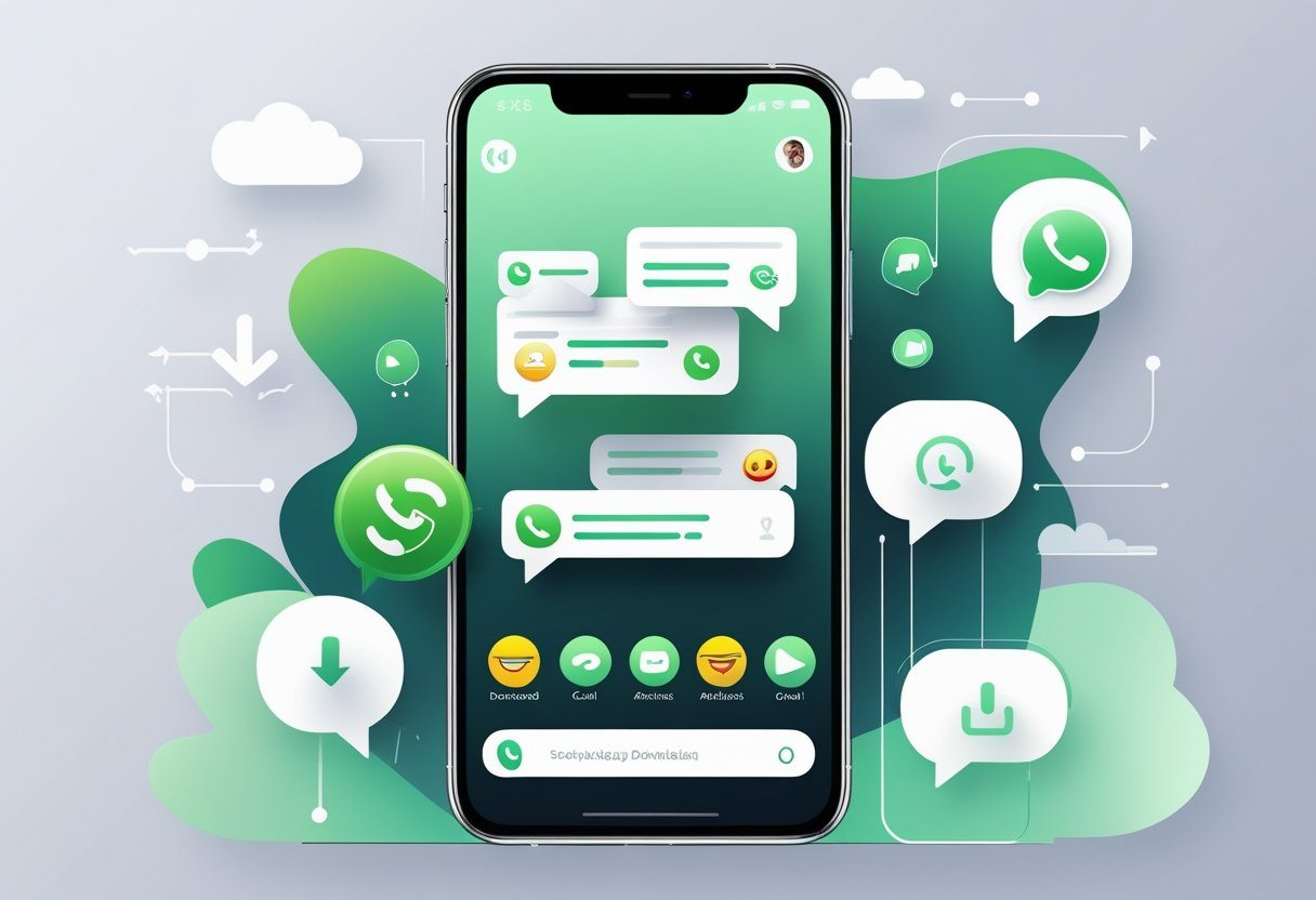 Um smartphone moderno mostrando uma interface de aplicativo de mensagens com balões de conversa e ícones, cercado por elementos digitais abstratos que representam download e conectividade.
