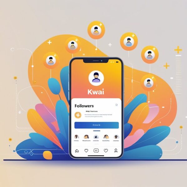 Um smartphone exibindo o aplicativo Kwai com ícones de seguidores flutuando ao redor, representando o aumento de seguidores de forma acessível.