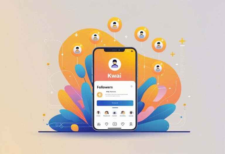 Um smartphone exibindo o aplicativo Kwai com ícones de seguidores flutuando ao redor, representando o aumento de seguidores de forma acessível.