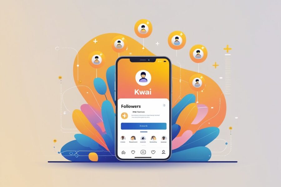 Um smartphone exibindo o aplicativo Kwai com ícones de seguidores flutuando ao redor, representando o aumento de seguidores de forma acessível.