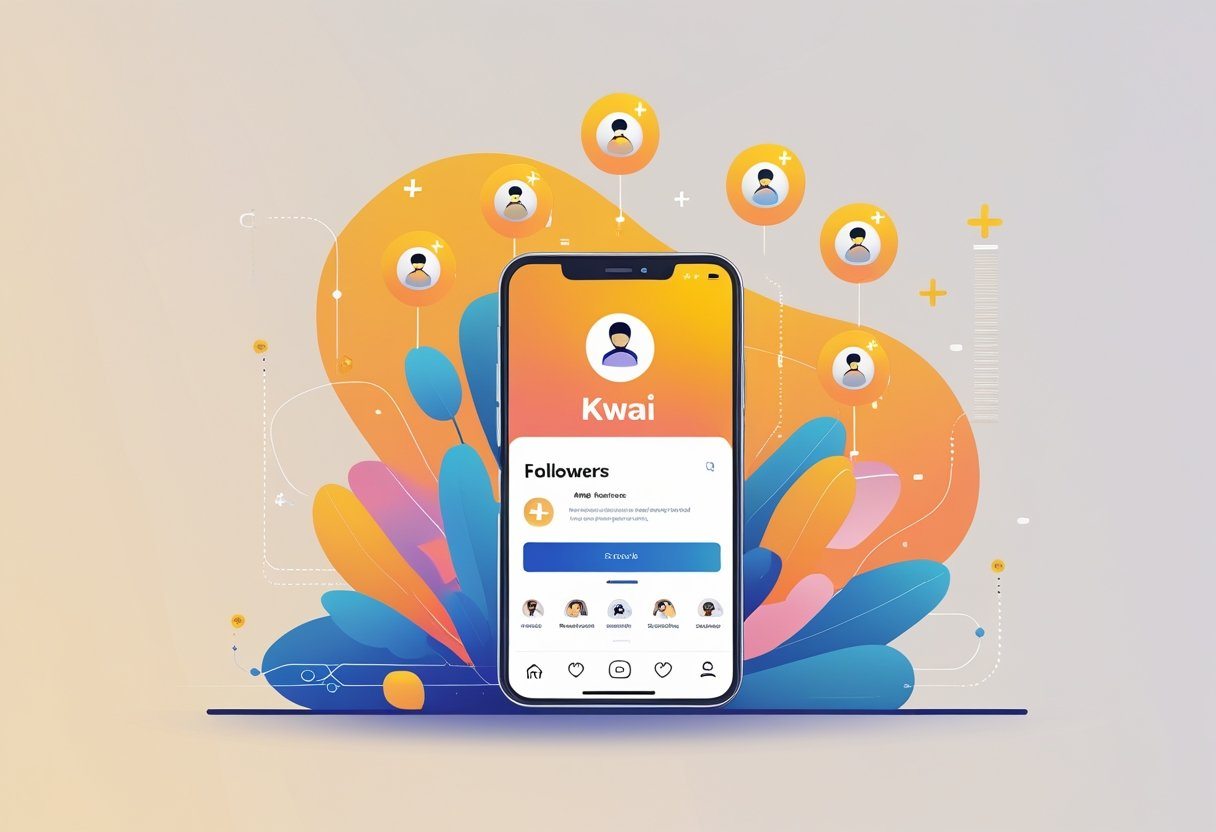 Um smartphone exibindo o aplicativo Kwai com ícones de seguidores flutuando ao redor, representando o aumento de seguidores de forma acessível.
