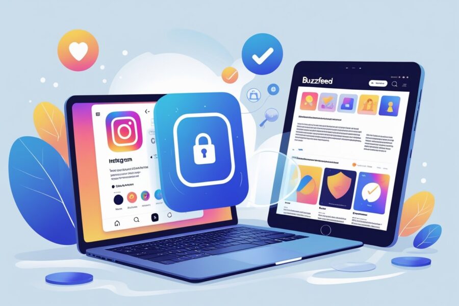 Pessoa usando laptop e tablet para acessar perfil privado do Instagram e artigo do BuzzFeed em uma mesa limpa e organizada.