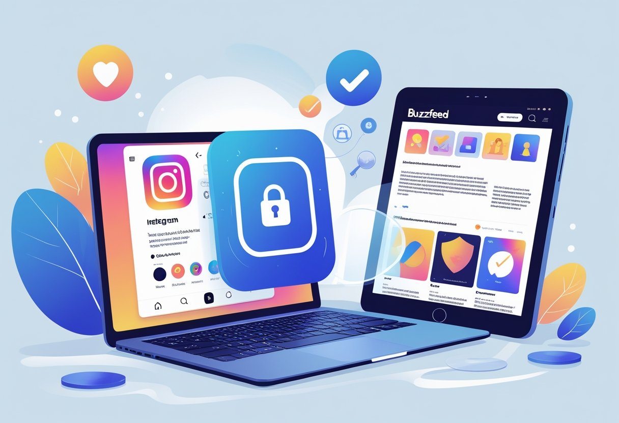 Pessoa usando laptop e tablet para acessar perfil privado do Instagram e artigo do BuzzFeed em uma mesa limpa e organizada.