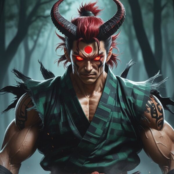 Tanjiro transformado em um oni com olhos vermelhos brilhantes, chifres curvados e marcas demoníacas no rosto, em uma floresta escura com névoa.