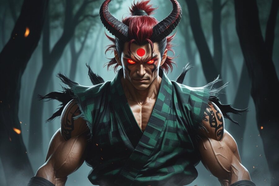 Tanjiro transformado em um oni com olhos vermelhos brilhantes, chifres curvados e marcas demoníacas no rosto, em uma floresta escura com névoa.