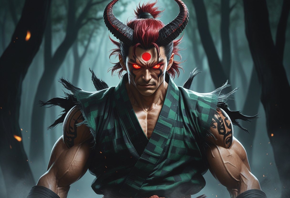 Tanjiro transformado em um oni com olhos vermelhos brilhantes, chifres curvados e marcas demoníacas no rosto, em uma floresta escura com névoa.