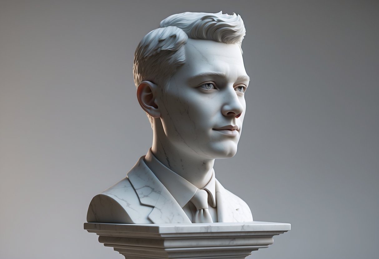 Busto de mármore de um jovem homem com expressão confiante sobre um pedestal de pedra simples.