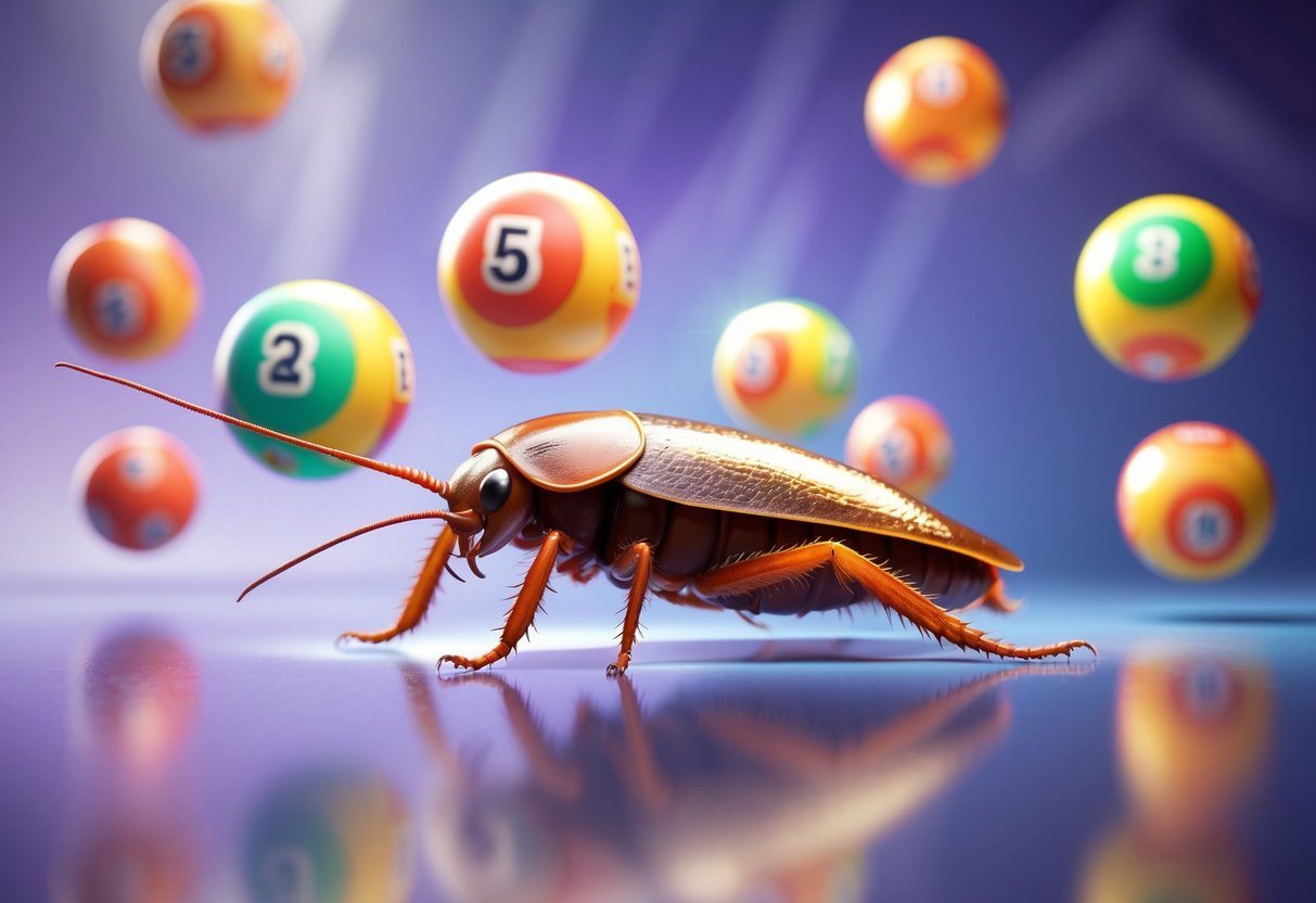 Cena com uma barata grande cercada por bolas coloridas do jogo do bicho flutuando no ar, sobre uma superfície reflexiva, com fundo em tons de roxo e azul.