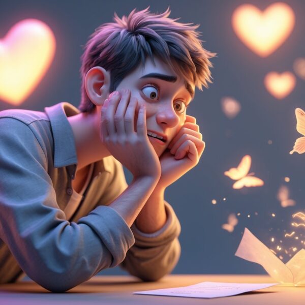 Um homem com expressão tímida e apaixonada, segurando uma carta de amor, rodeado por pequenos corações luminosos e borboletas, em um ambiente romântico e suave.