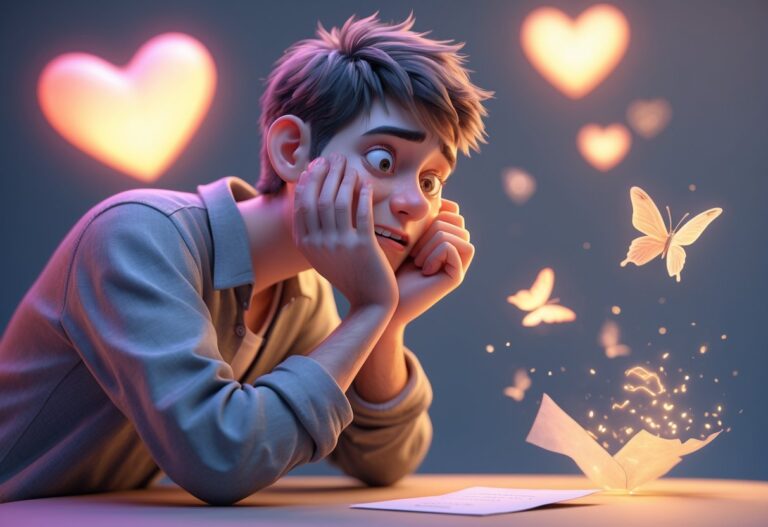 Um homem com expressão tímida e apaixonada, segurando uma carta de amor, rodeado por pequenos corações luminosos e borboletas, em um ambiente romântico e suave.