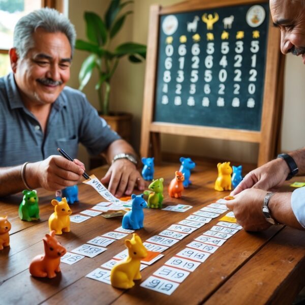 Cena de um jogo do bicho com pessoas fazendo apostas em uma mesa com figuras de animais e bilhetes numerados.