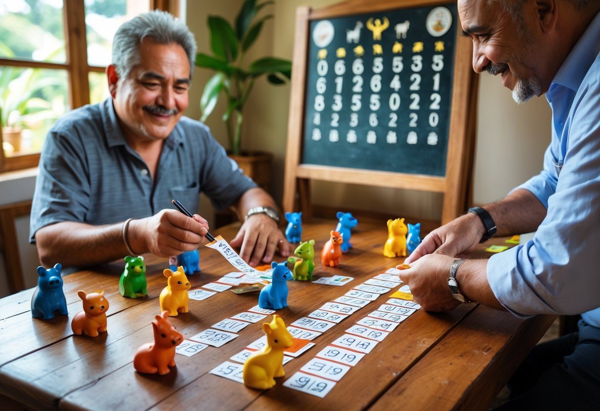 Cena de um jogo do bicho com pessoas fazendo apostas em uma mesa com figuras de animais e bilhetes numerados.