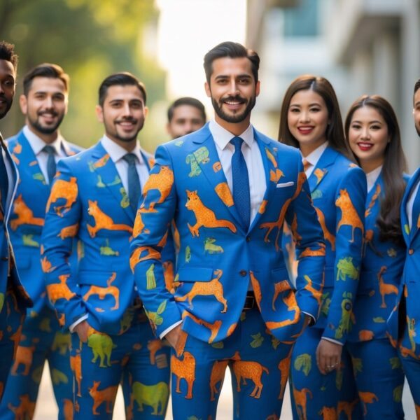 Grupo de pessoas vestindo ternos combinando com estampas de animais, posando juntas ao ar livre durante o dia.