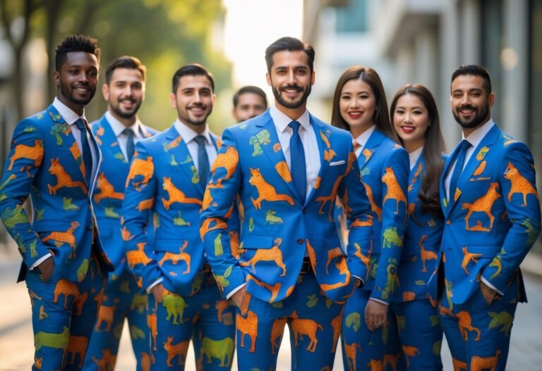Grupo de pessoas vestindo ternos combinando com estampas de animais, posando juntas ao ar livre durante o dia.