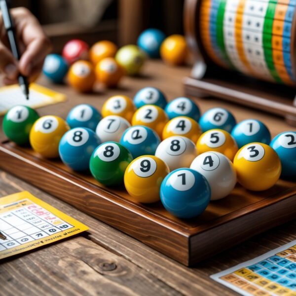 Mesa de madeira com bolas coloridas numeradas, bilhete de aposta e mãos segurando uma caneta, representando o jogo do bicho.