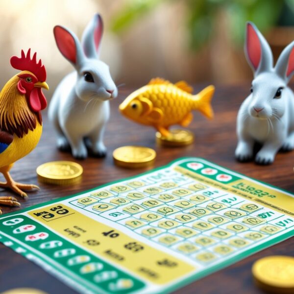 Um bilhete de loteria da Federal cercado por animais como galo, coelho, peixe e cavalo sobre uma mesa de madeira.